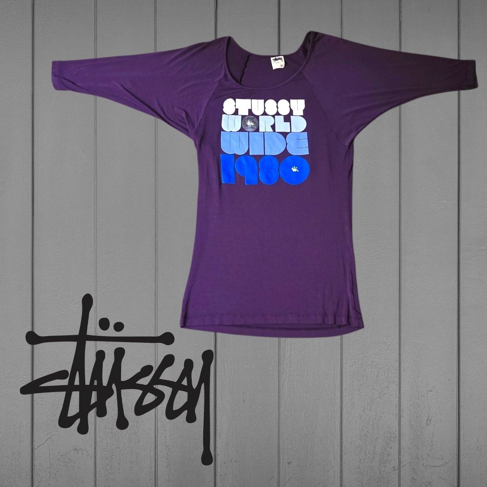 VTG Stussy Girls Womens Worldwide 1980 Graphic Raglan Sleeve Top Purple Medium